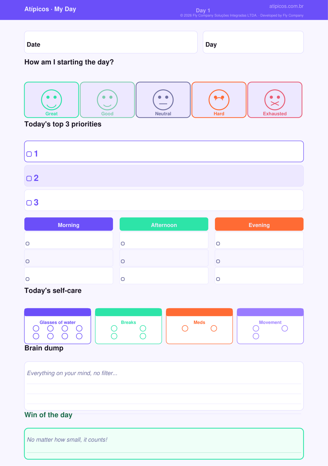 A page of the Atípicos Planner, showing the daily layout with a mood check-in, top 3 priorities, morning, afternoon and evening blocks, self-care and a brain-dump space