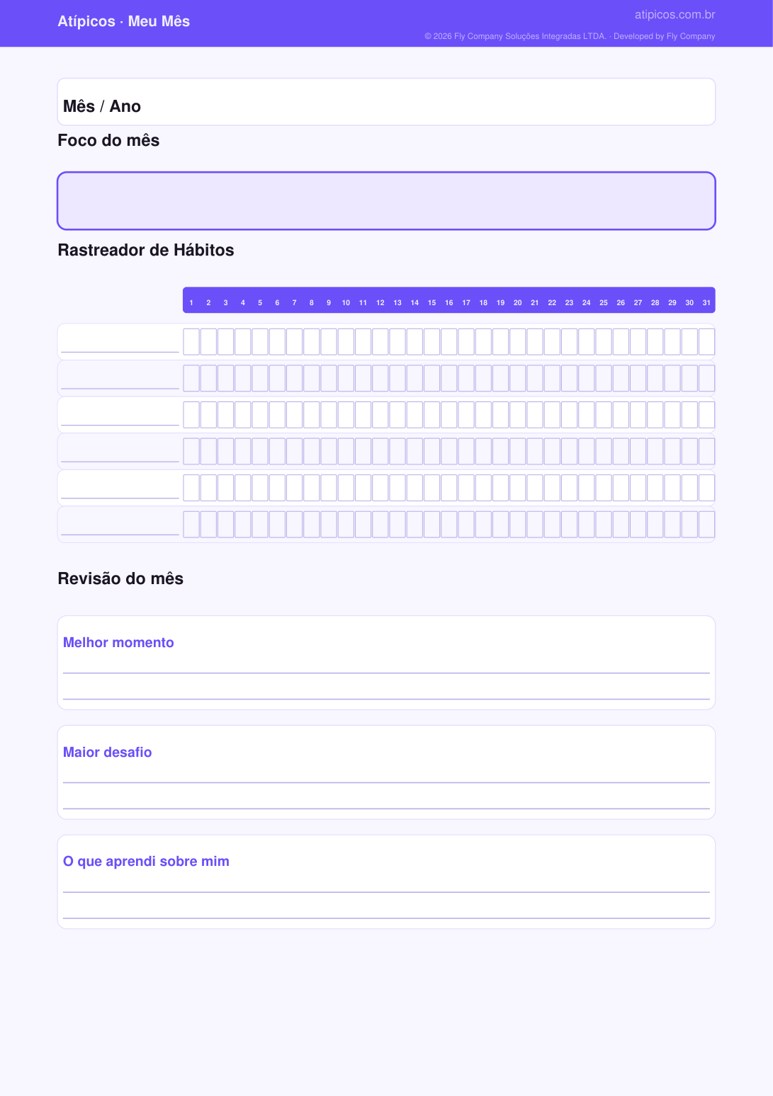 Página mensal do Planner Atípicos