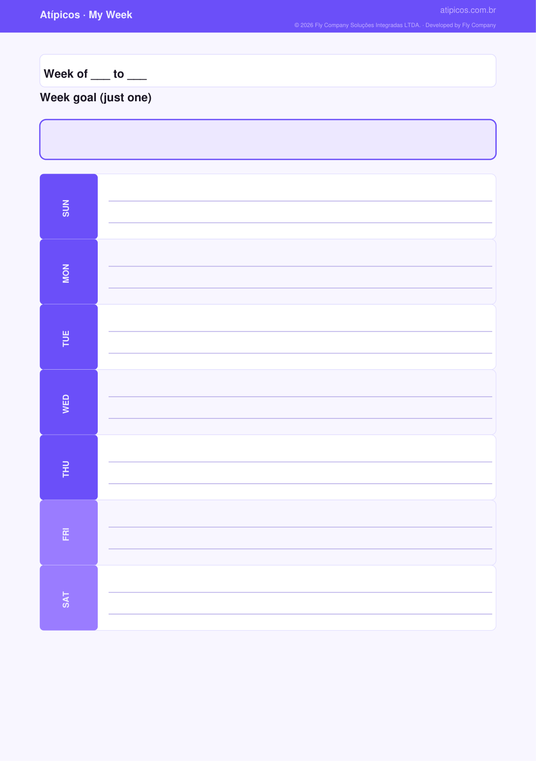 Weekly page of the Atípicos Planner